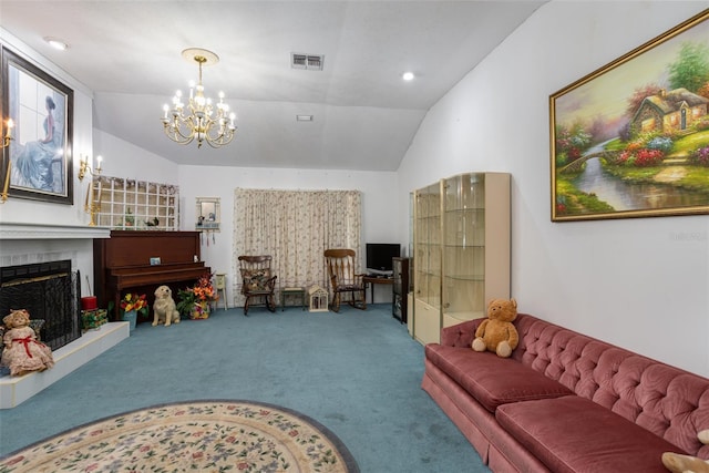 living room with carpet flooring, lofted ceiling, and an inviting chandelier