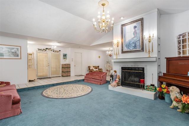 living room with light carpet, a chandelier, a brick fireplace, and lofted ceiling