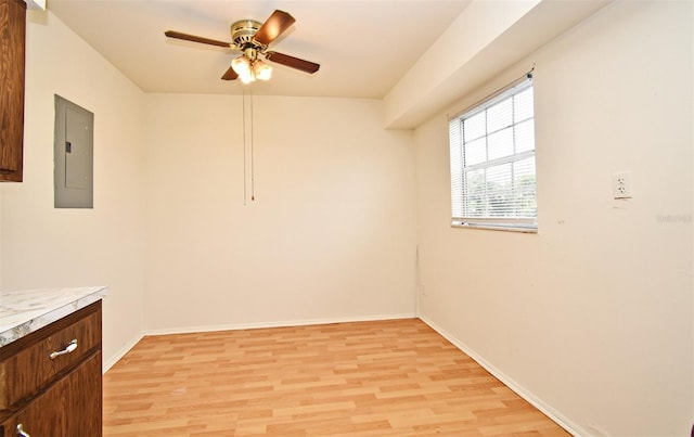 empty room featuring ceiling fan, light wood-type flooring, and electric panel