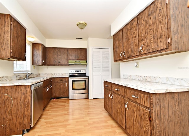 kitchen featuring dark brown cabinetry, stainless steel appliances, light hardwood / wood-style floors, and sink