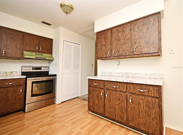 kitchen with dark brown cabinets, stainless steel range with electric cooktop, and light wood-type flooring