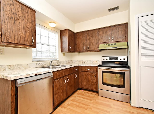 kitchen featuring sink, stainless steel appliances, and light hardwood / wood-style flooring