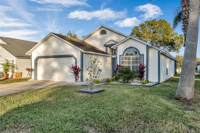 ranch-style home with a garage and a front yard