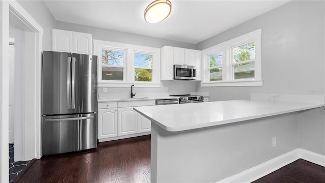 kitchen with sink, stainless steel appliances, dark hardwood / wood-style flooring, kitchen peninsula, and white cabinets