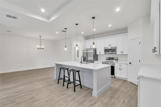 kitchen featuring appliances with stainless steel finishes, decorative light fixtures, white cabinetry, and light hardwood / wood-style floors