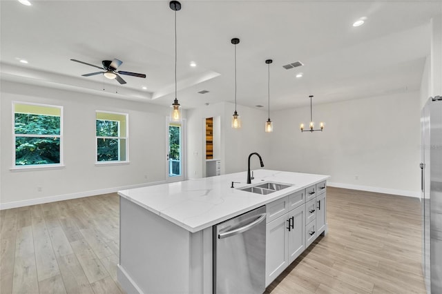 kitchen featuring dishwasher, a center island with sink, white cabinets, sink, and a healthy amount of sunlight