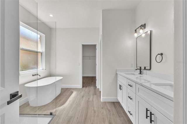 bathroom with wood-type flooring, vanity, and a bathing tub