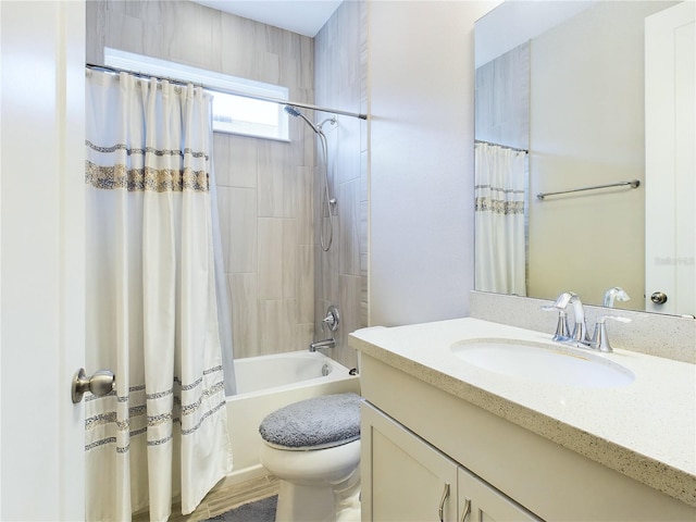 full bathroom with vanity, shower / bathtub combination with curtain, and toilet