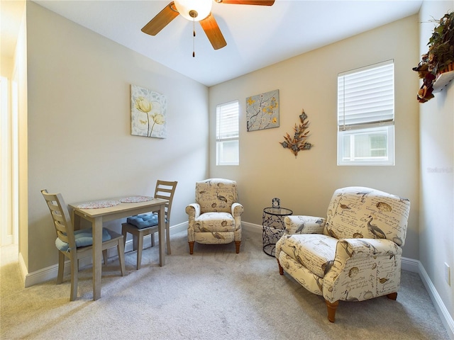 living area with carpet and ceiling fan