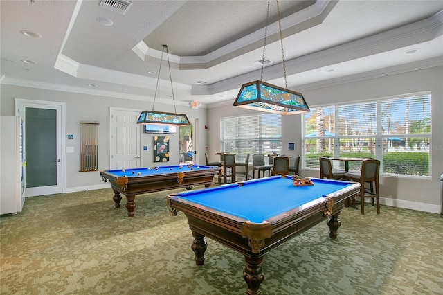 playroom with a tray ceiling, a wealth of natural light, crown molding, and pool table