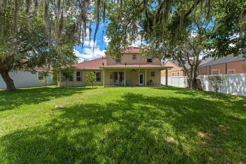 rear view of property featuring a lawn