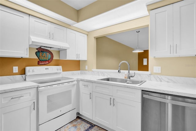 kitchen with white cabinets, sink, electric stove, dishwasher, and hanging light fixtures