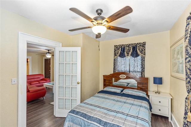 bedroom featuring ceiling fan, dark hardwood / wood-style flooring, and a closet