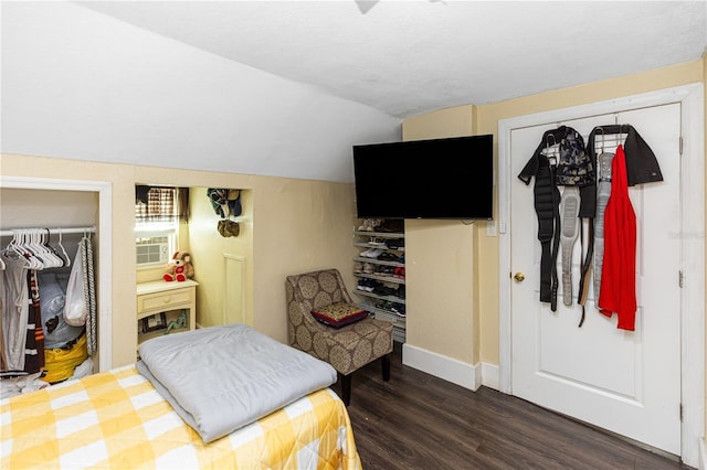 bedroom with dark hardwood / wood-style floors, a closet, and vaulted ceiling