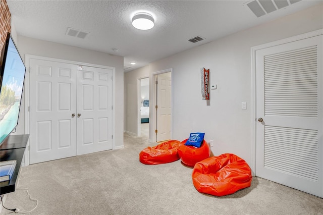 recreation room with a textured ceiling and light carpet