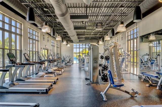 workout area featuring a towering ceiling