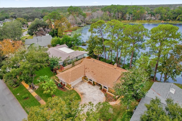 drone / aerial view with a water view