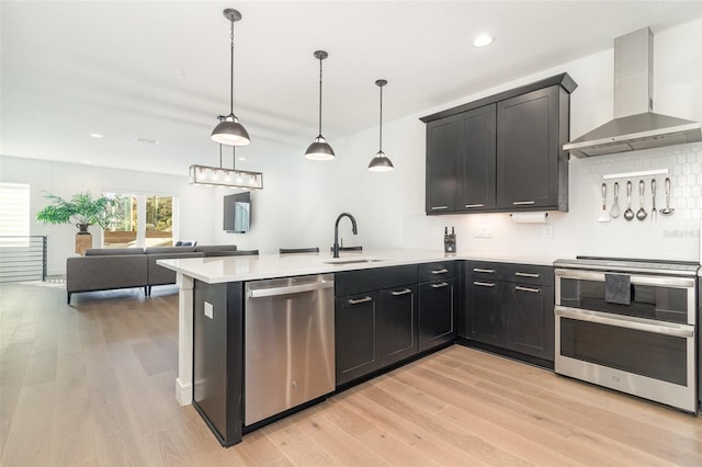 kitchen featuring sink, kitchen peninsula, wall chimney exhaust hood, and stainless steel appliances