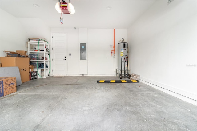 garage featuring water heater, a garage door opener, and electric panel