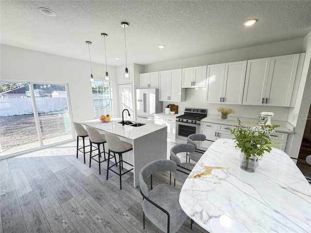 kitchen featuring light stone countertops, stainless steel appliances, light hardwood / wood-style floors, a kitchen island with sink, and white cabinets