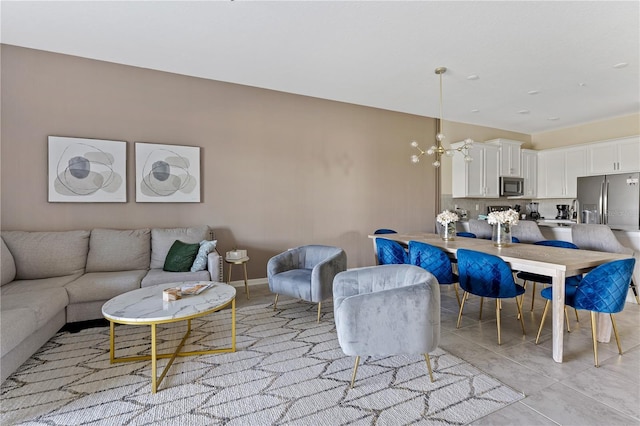 living room featuring an inviting chandelier