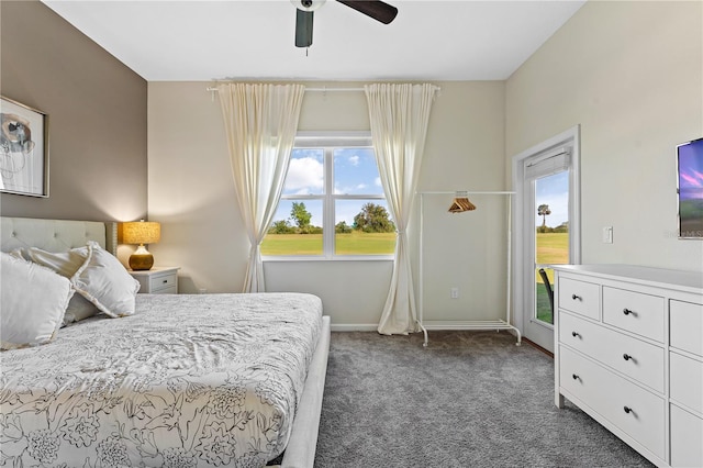 carpeted bedroom featuring access to outside and ceiling fan