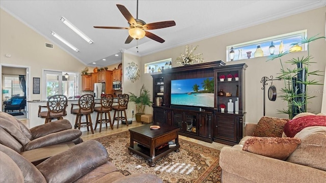 living room with high vaulted ceiling, ceiling fan, and ornamental molding