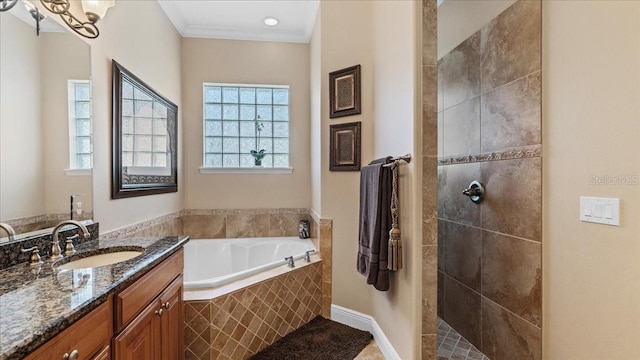 bathroom featuring vanity, shower with separate bathtub, and ornamental molding