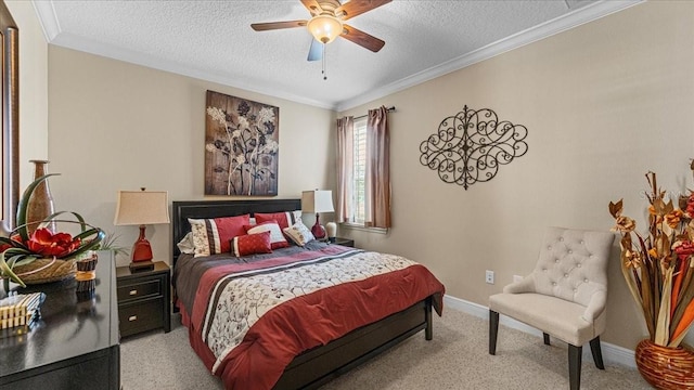 carpeted bedroom with ceiling fan, crown molding, and a textured ceiling