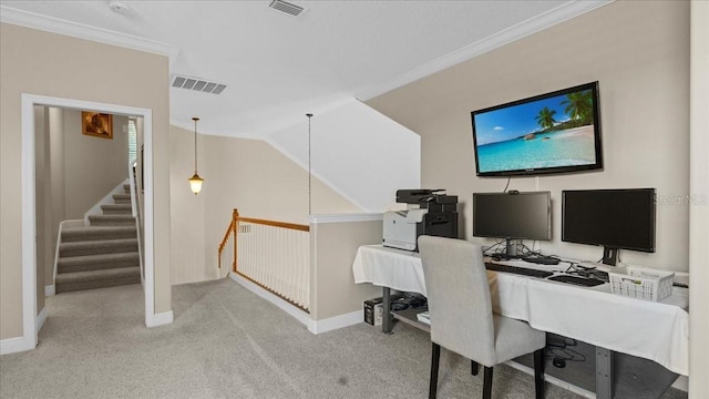 office space featuring light colored carpet and ornamental molding