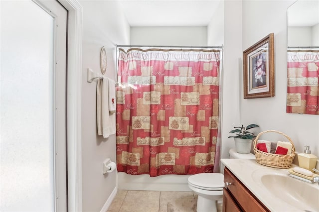 full bathroom featuring tile patterned floors, vanity, toilet, and shower / bathtub combination with curtain