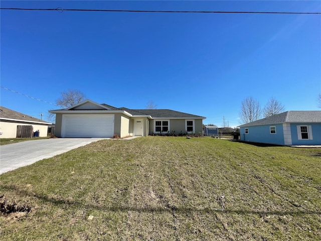 single story home featuring a front yard and a garage