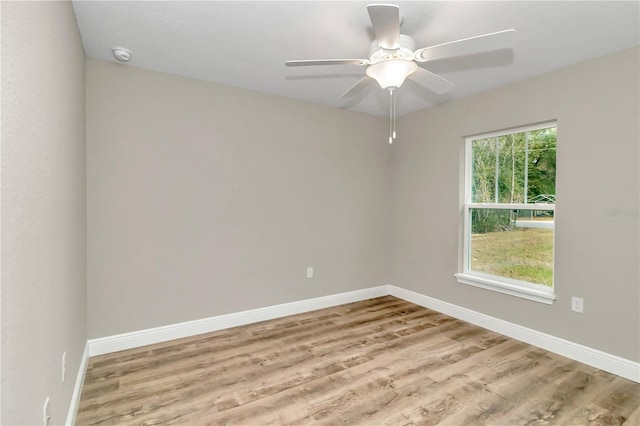 empty room with ceiling fan and light hardwood / wood-style flooring