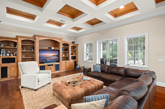 living room featuring beam ceiling, crown molding, and coffered ceiling