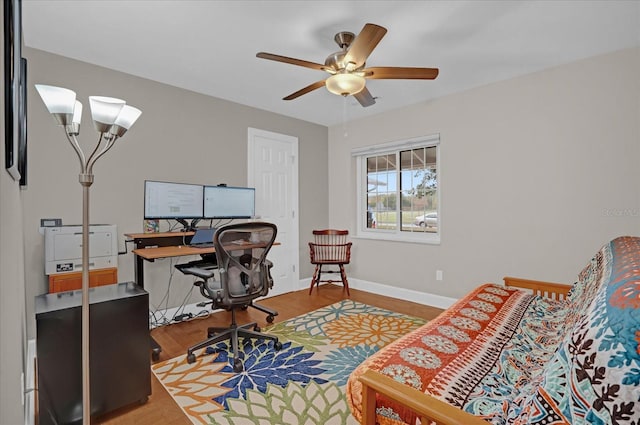 office area featuring hardwood / wood-style floors and ceiling fan