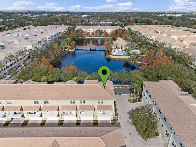 aerial view featuring a water view