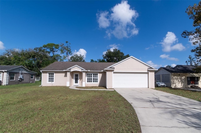 single story home with a front yard and a garage