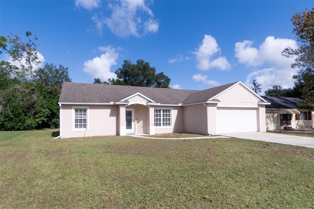 ranch-style home featuring a garage and a front lawn