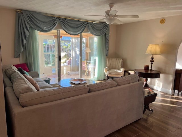 living room with hardwood / wood-style flooring and ceiling fan