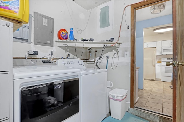 laundry room with electric panel and washing machine and dryer