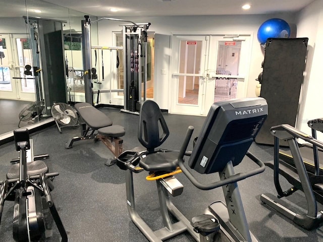 exercise room featuring french doors