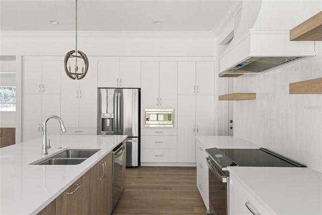 kitchen featuring sink, appliances with stainless steel finishes, white cabinetry, hanging light fixtures, and custom exhaust hood