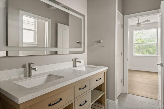 bathroom featuring vanity and ceiling fan