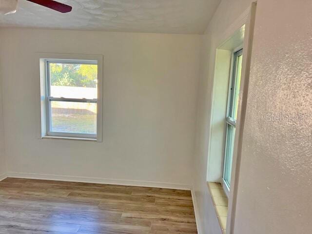 spare room with ceiling fan and light hardwood / wood-style floors