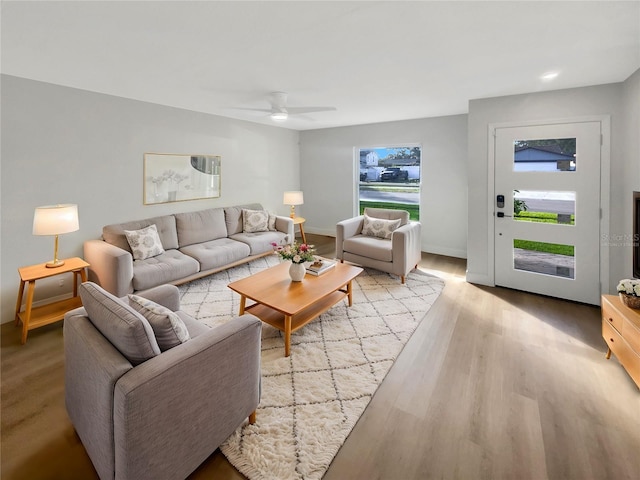 living room with ceiling fan and light wood-type flooring