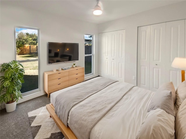 bedroom with access to exterior, carpet floors, and multiple closets