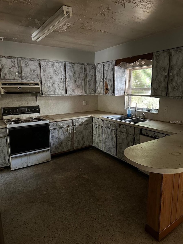 kitchen featuring kitchen peninsula, white electric range, ventilation hood, and sink