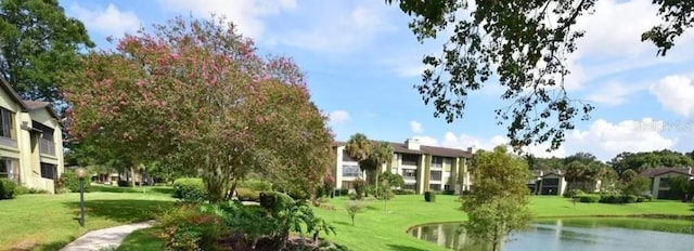 view of property's community featuring a water view and a lawn