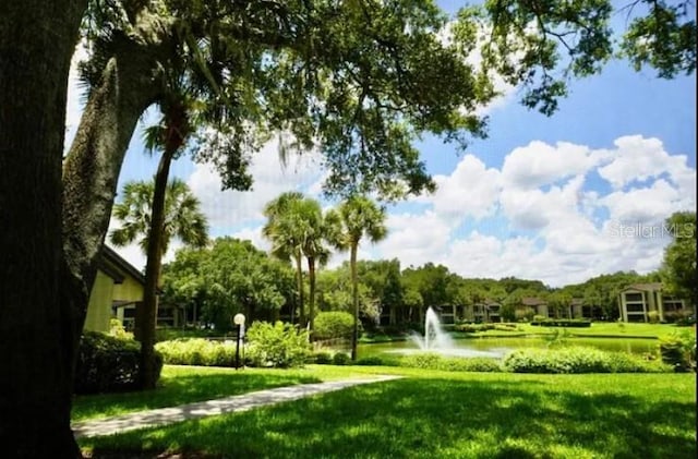 view of community with a lawn and a water view