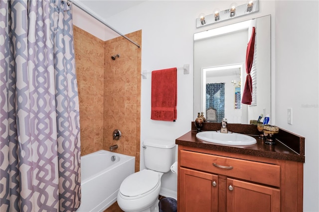 full bathroom featuring vanity, shower / tub combo, and toilet